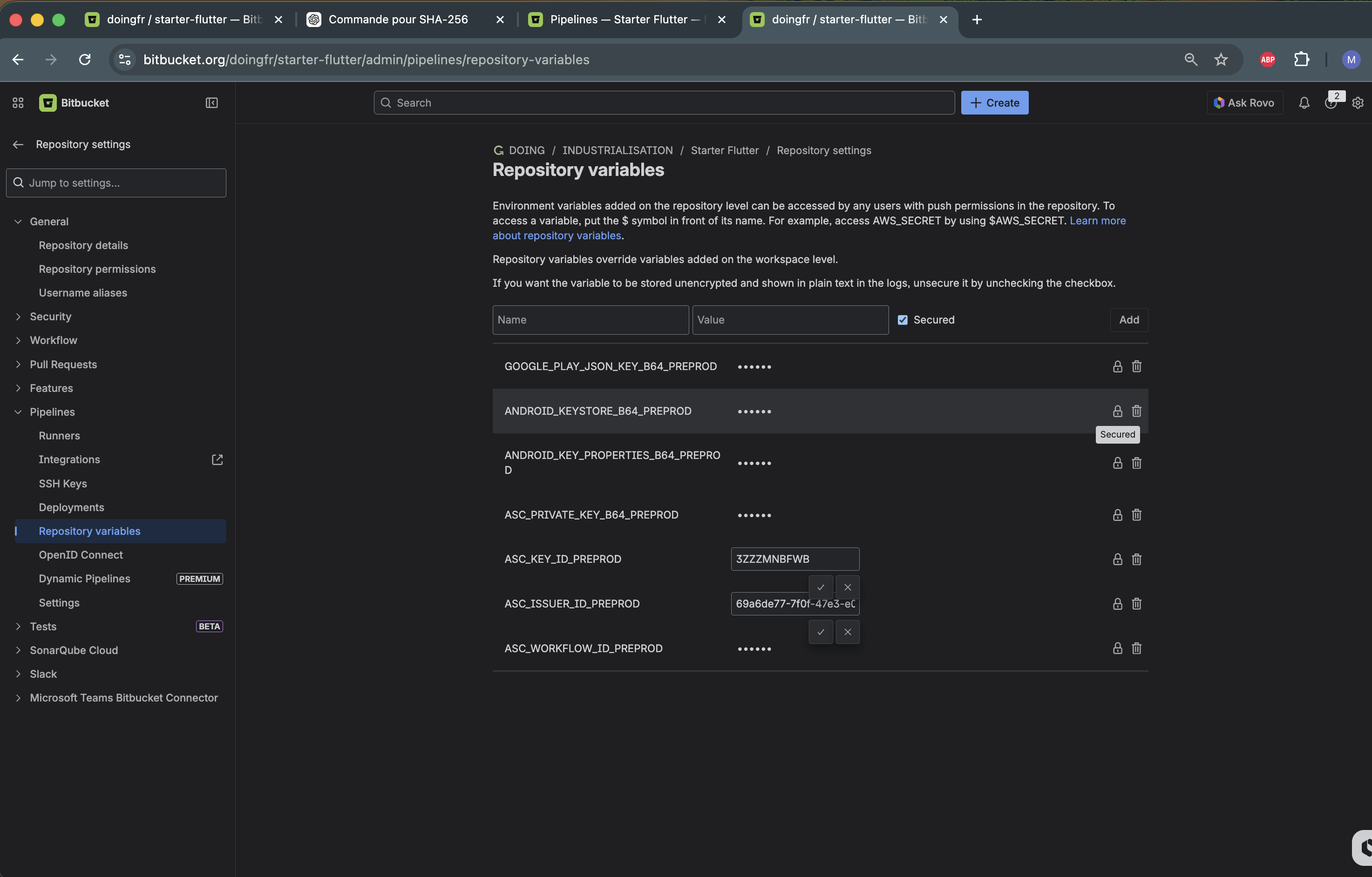 Variables Bitbucket configurées