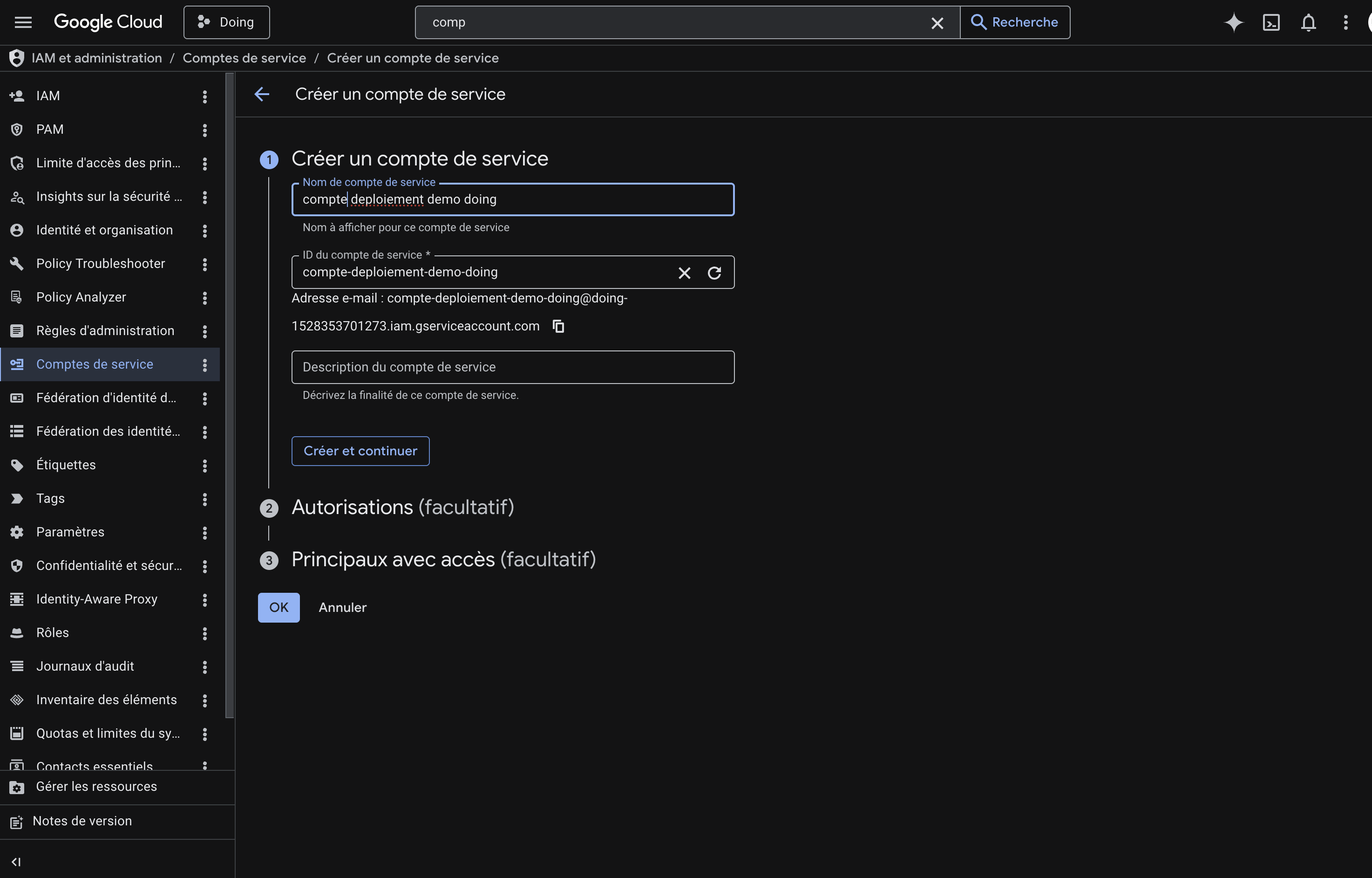 Créer un compte de service