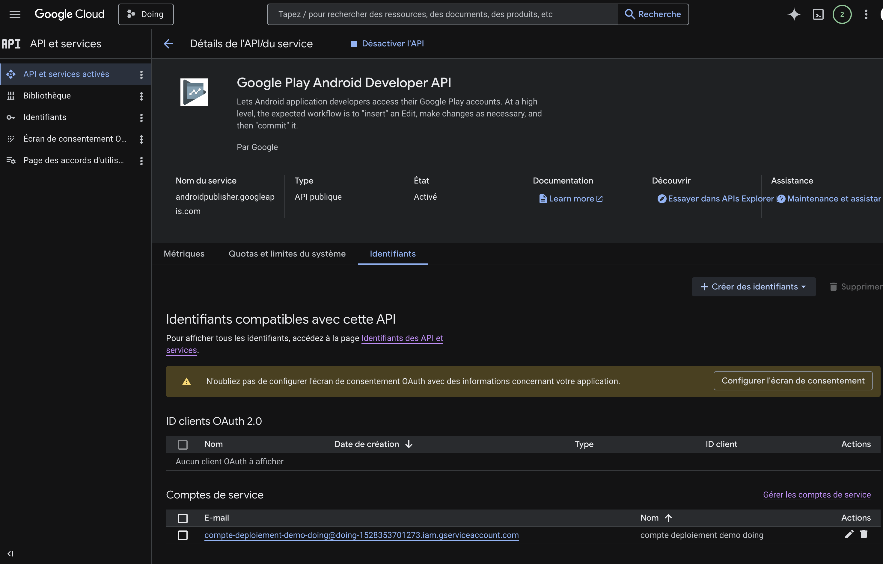 Google Play Android Developer API activée