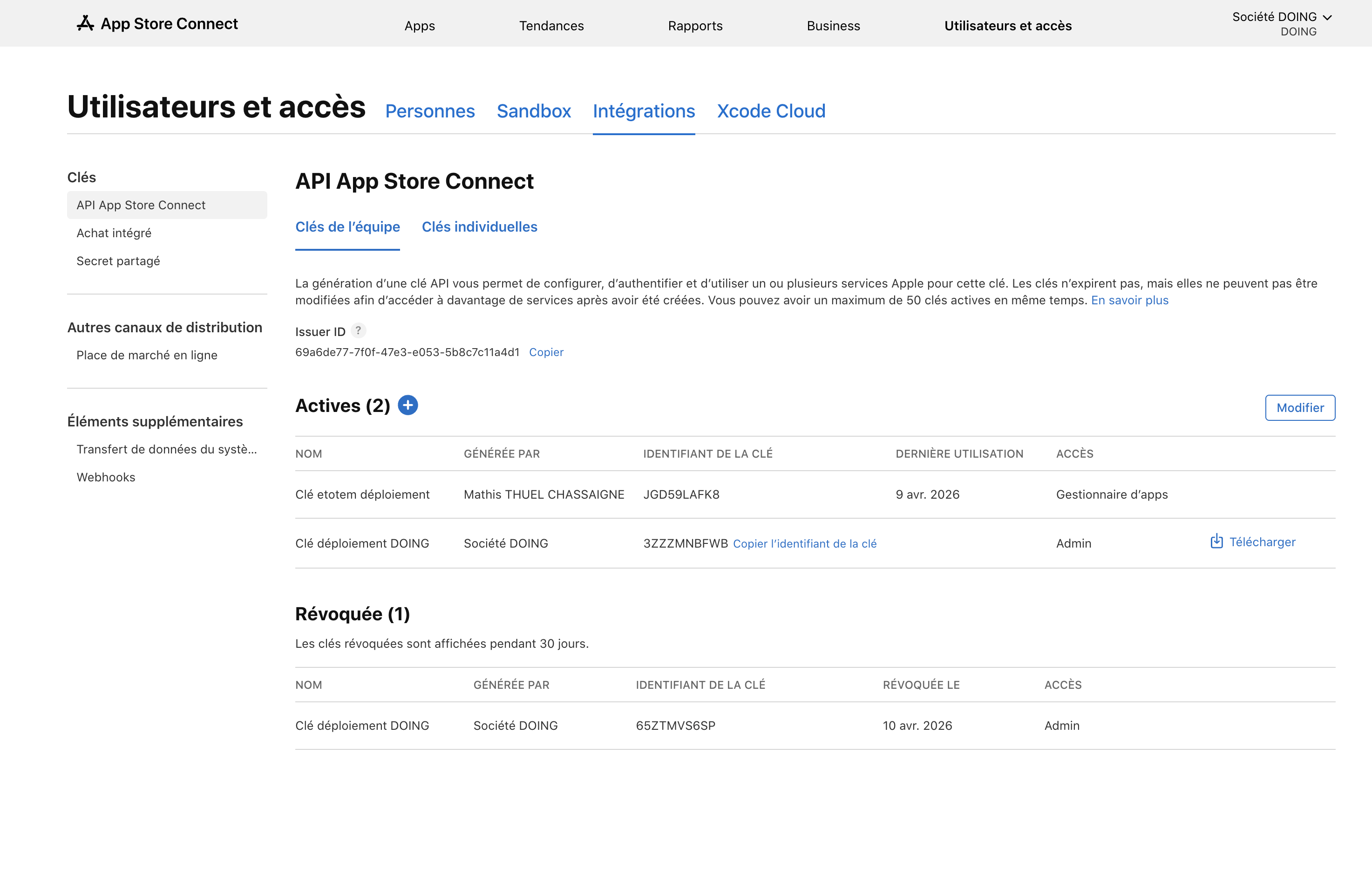 Page clés API App Store Connect avec Issuer ID