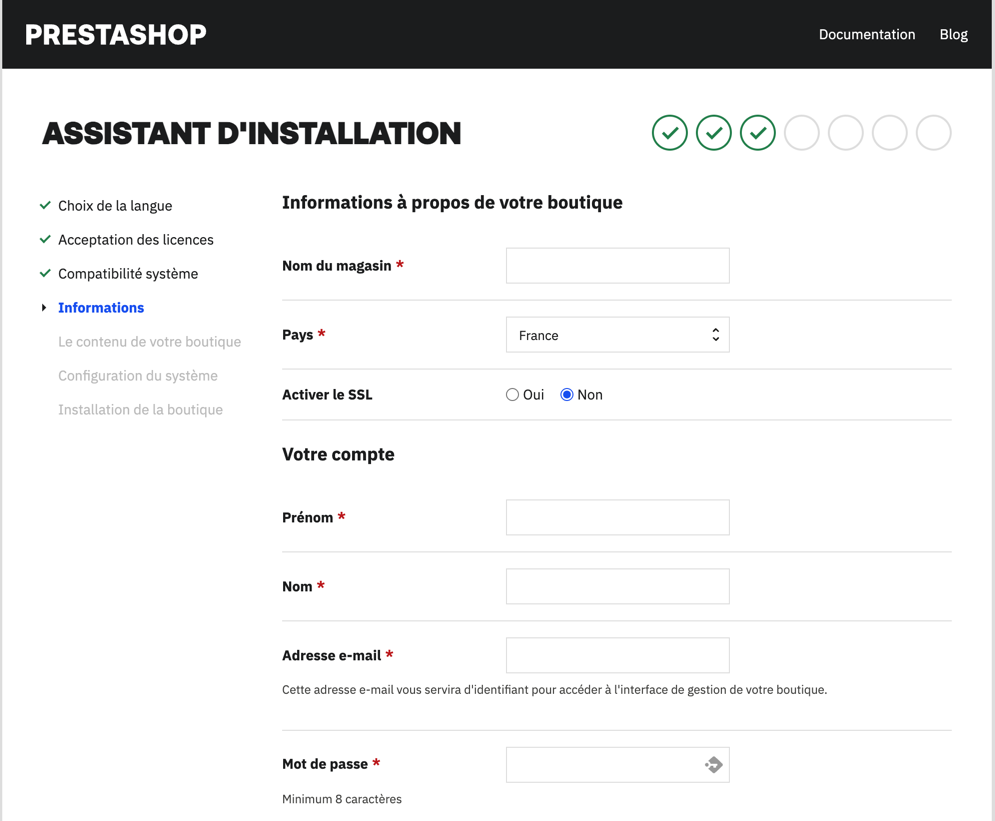 Écran de licence d'utilisation de PrestaShop
