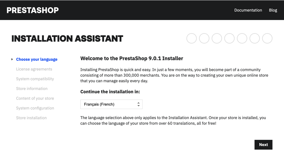 Sélection de la langue dans l'installateur PrestaShop