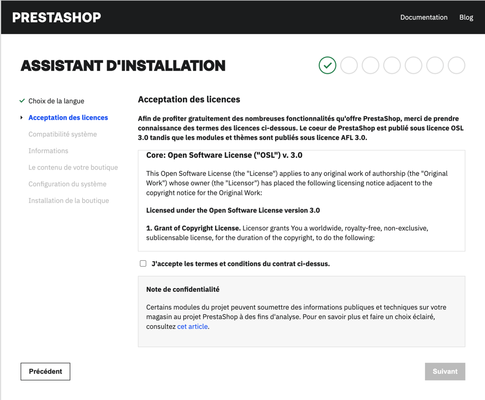Écran de licence d'utilisation de PrestaShop